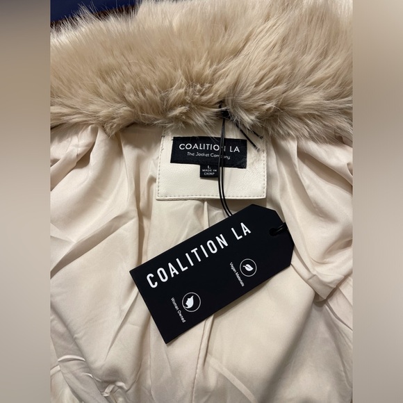 New Size Large Faux Leather Long Coat with Faux Fur Removable Trim, light beige - Picture 12 of 16